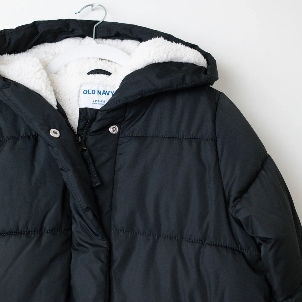 Old Navy Puffer Jacket Vail Cocoon Kids Size L 10-12 Black Sherpa Lined Hooded